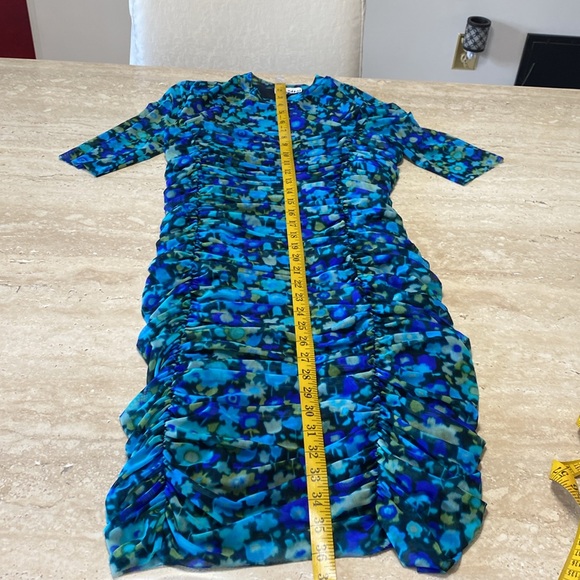 NWOT Ganni Blue Floral Ruched Blue Dress, Measurements in photos below. - Picture 9 of 11